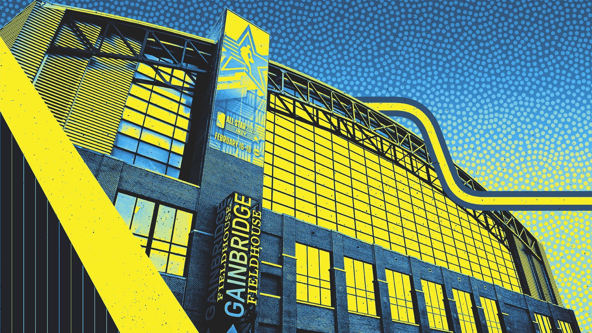 Photo illustration of a collage featuring Gainbridge Fieldhouse with elements of old Pacers uniforms and a basketball grip pattern.