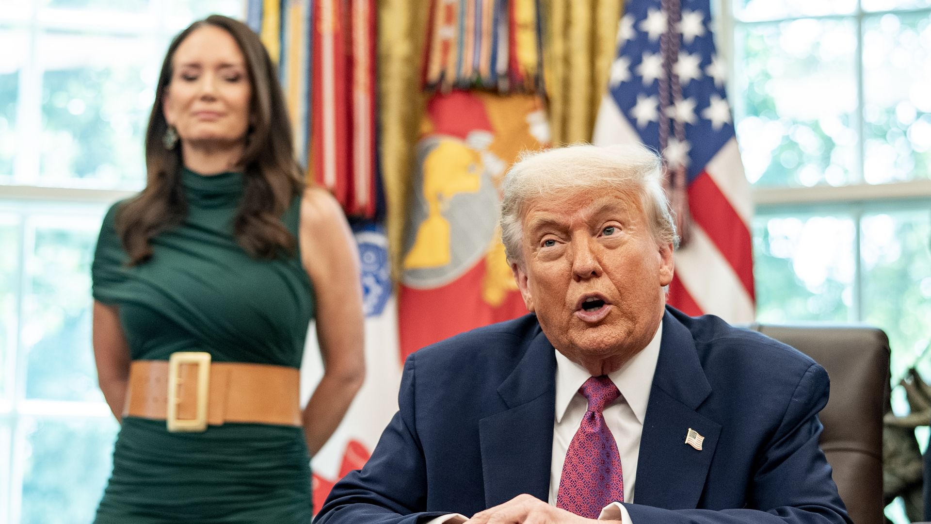 Brooke Rollins, US agriculture secretary, left, and US President Donald Trump during a wildfire briefing in the Oval Office of the White House in Washington, DC, US, on Tuesday, June 10, 2025. 