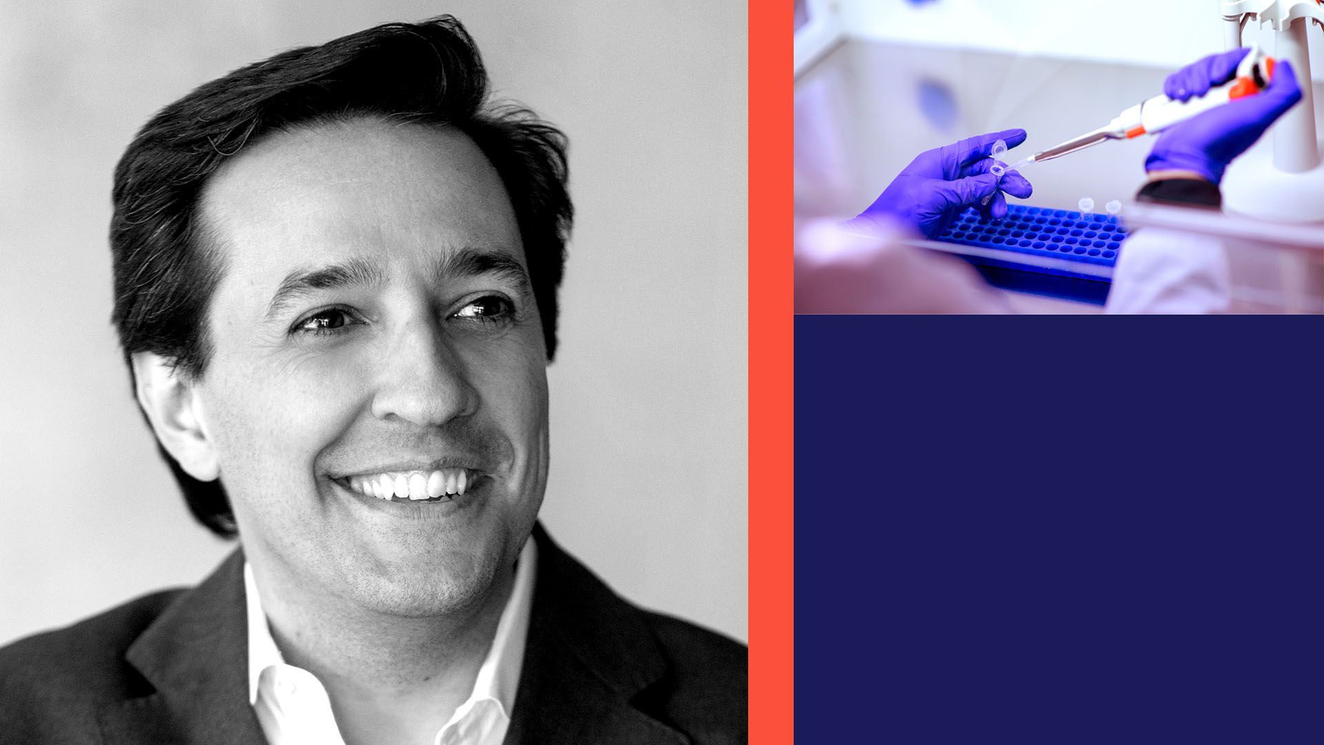 Photo illustration of IBM head of research Dario Gil with colored blocks and a photo of a researcher with a pipette 