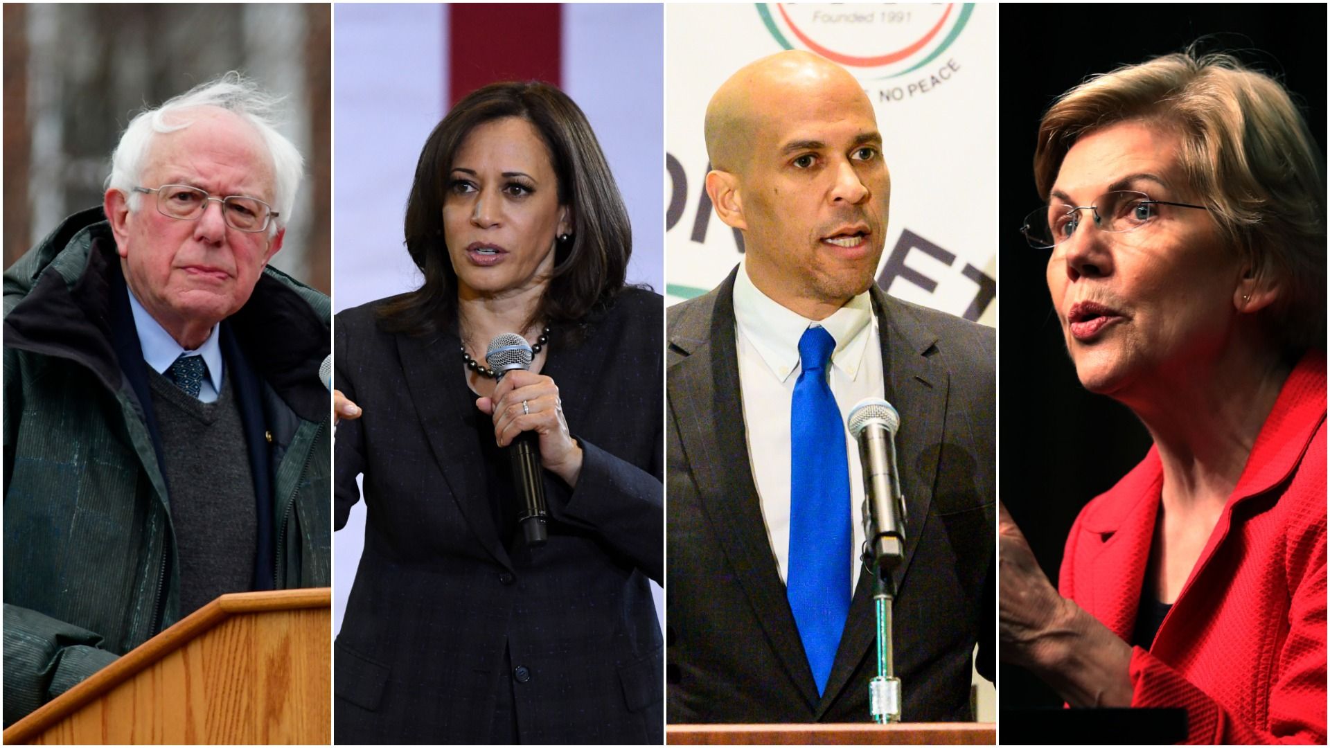 2020 Democratic presidential candidates, Senators Bernie Sanders, Kamala Harris, Cory Booker and Elizabeth Warren