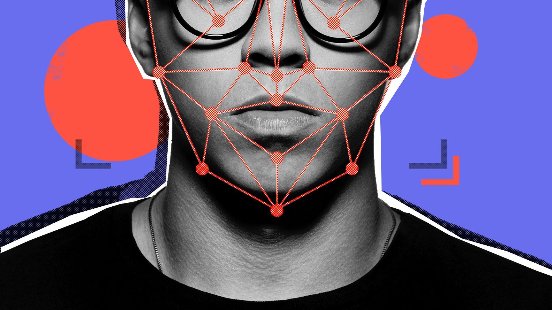 Illustration of a person's face under scrutiny from facial recognition technology