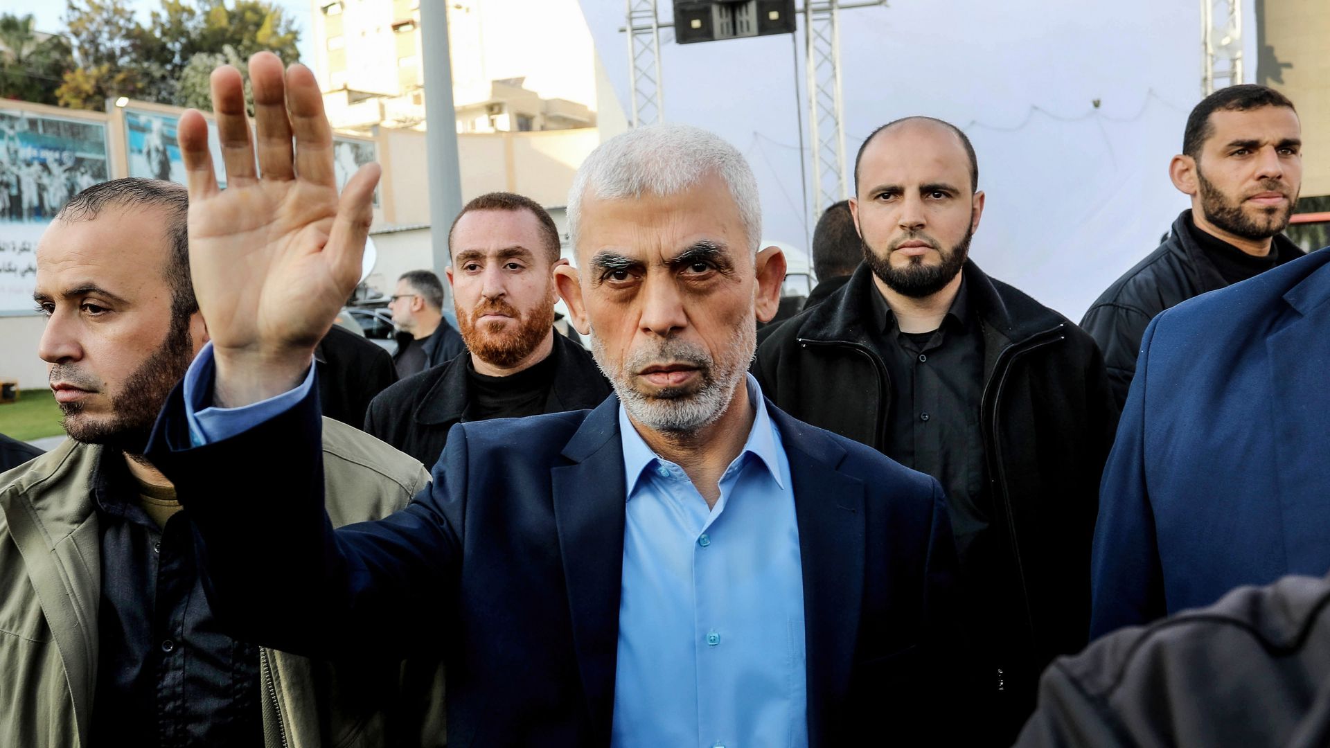 Yahya Sinwar, head of the Palestinian Islamic movement Hamas in the Gaza Strip, waves his hand to the crowd during the celebration of International Quds Day in Gaza City in 2023