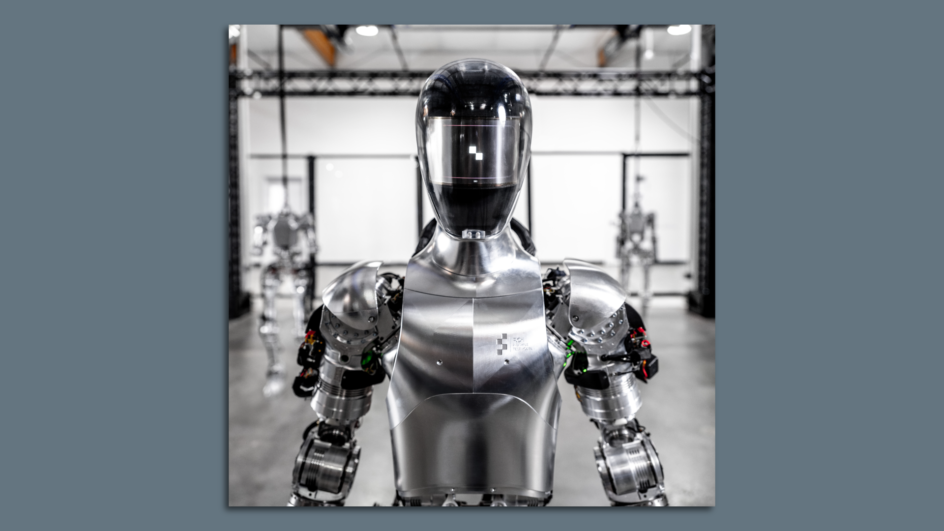 The head and torso of a humanoid robot.