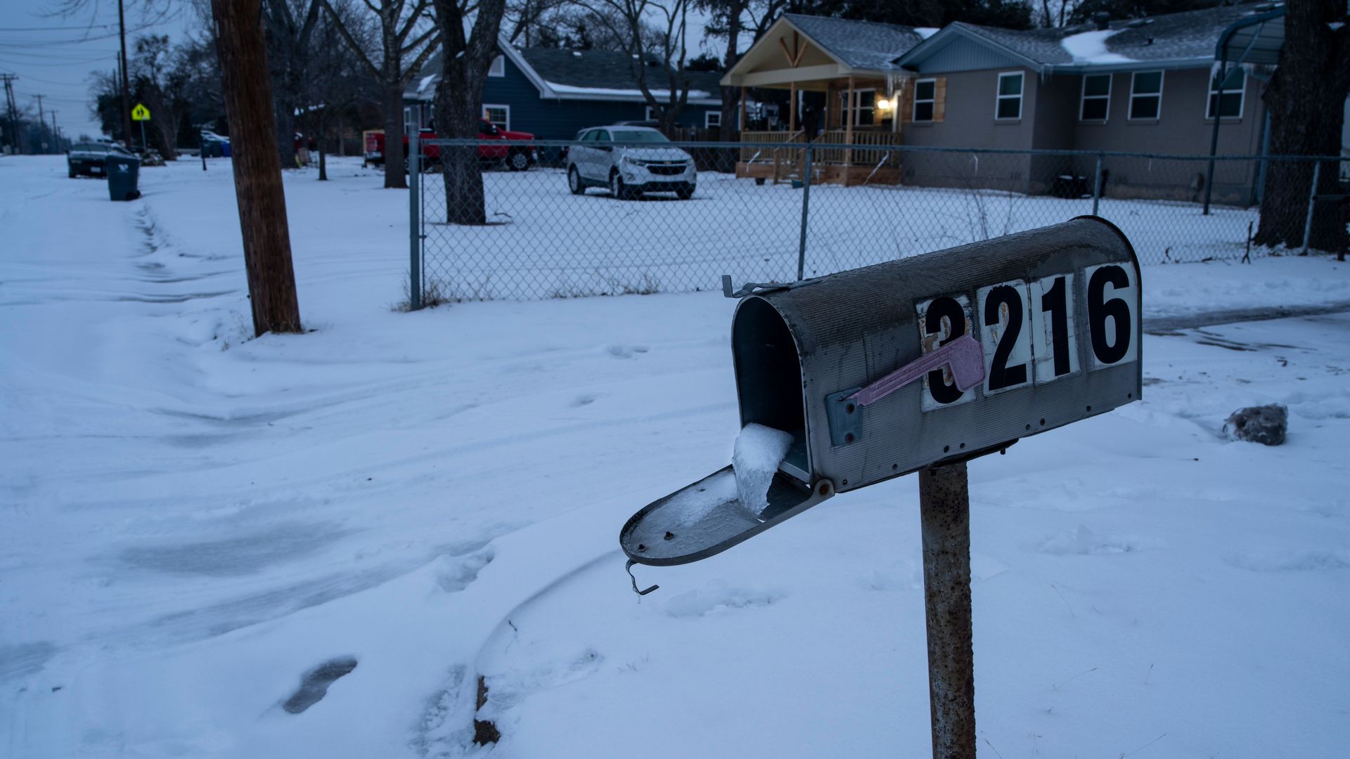A neighborhood in Waco, Texas, covered in snow in February 2021.