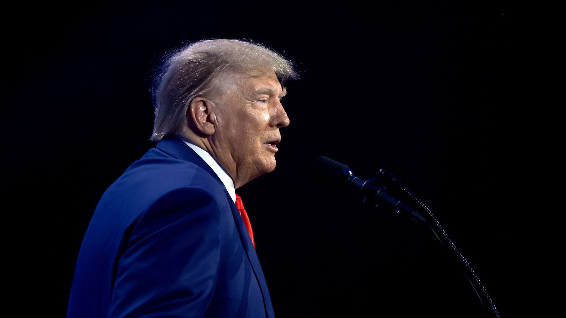 Former US President Donald Trump speaks at the Turning Point Action conference as he continues his 2024 presidential campaign on July 15, 2023 in West Palm Beach, Florida.