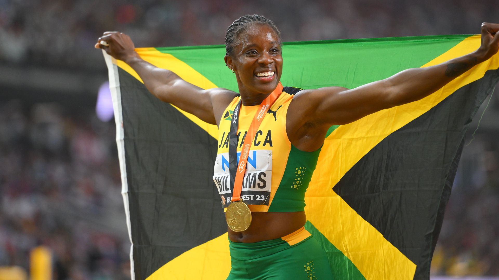 Danielle Williams wins gold at the World Championships. 