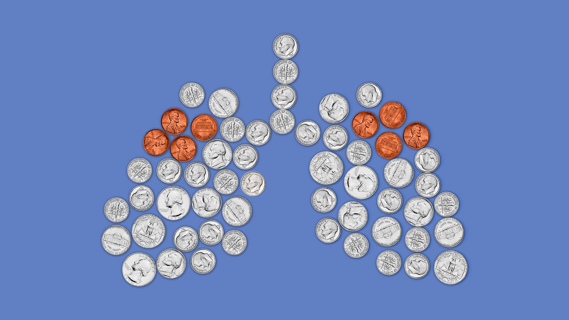 Illustration of lungs made of coins, with a couple differently colored (copper pennies with silver nickels)