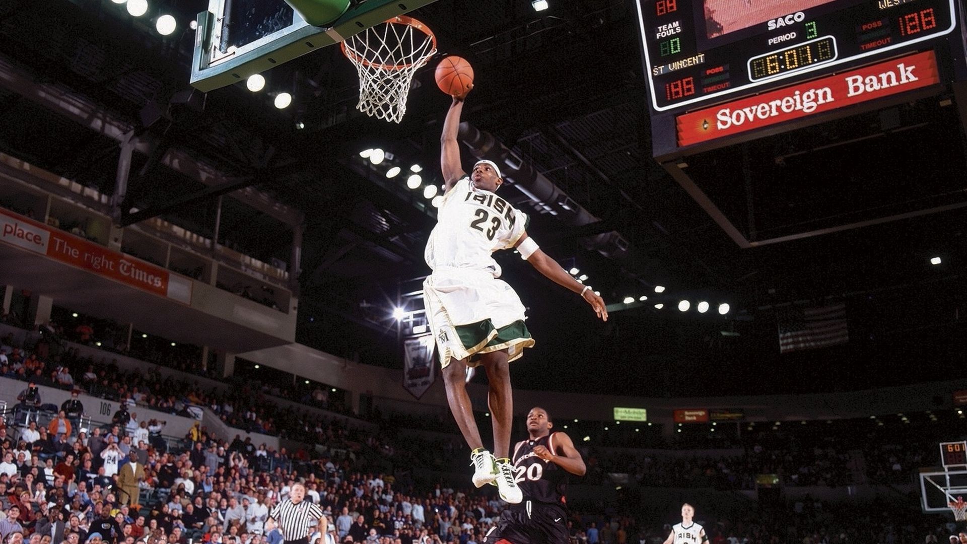 LeBron James soars for a dunk in high school.