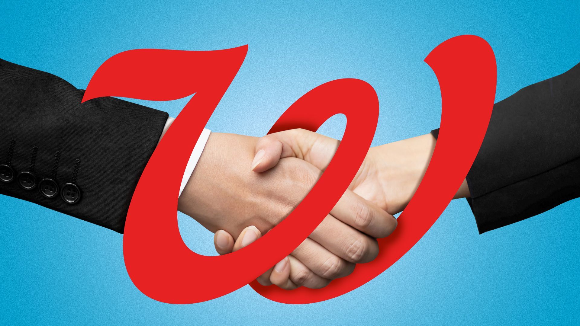 Illustration of two hands shaking hands through the loop in the Walgreens "W" logo. 