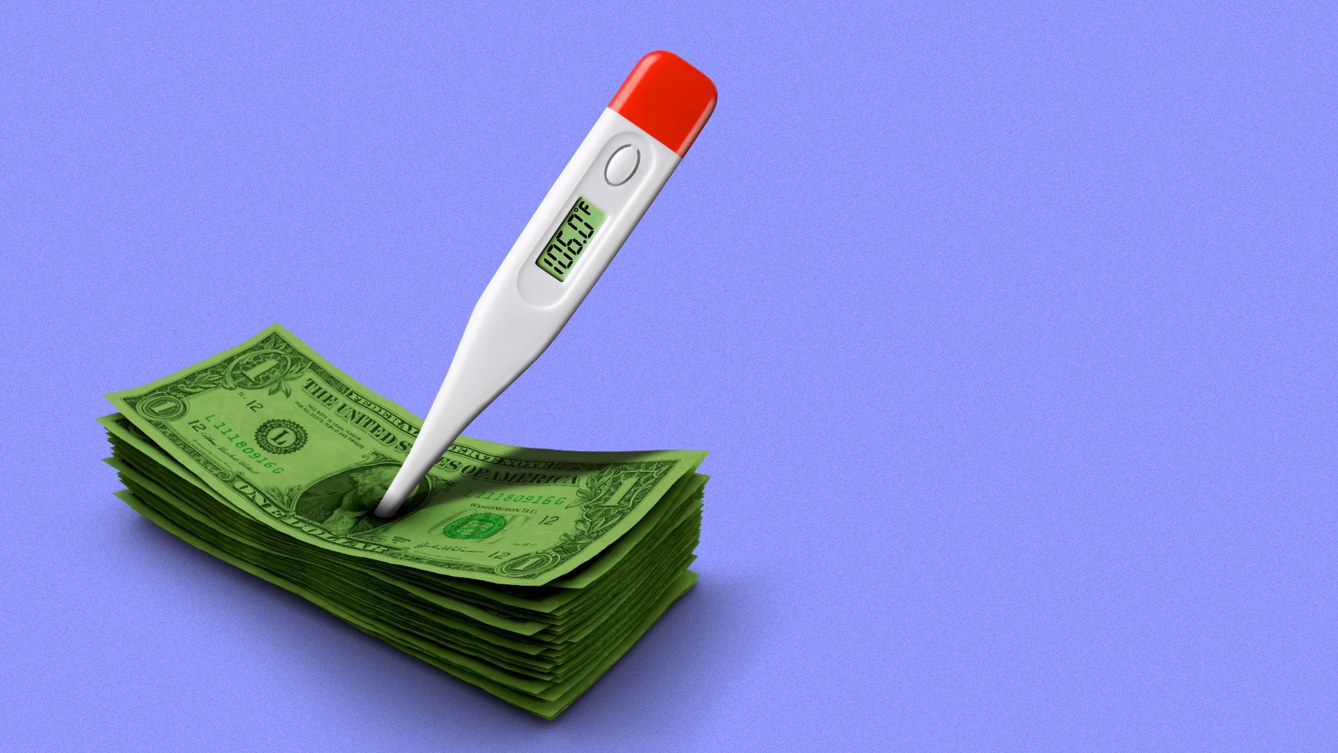 Illustration of a thermometer piercing a pile of money. 