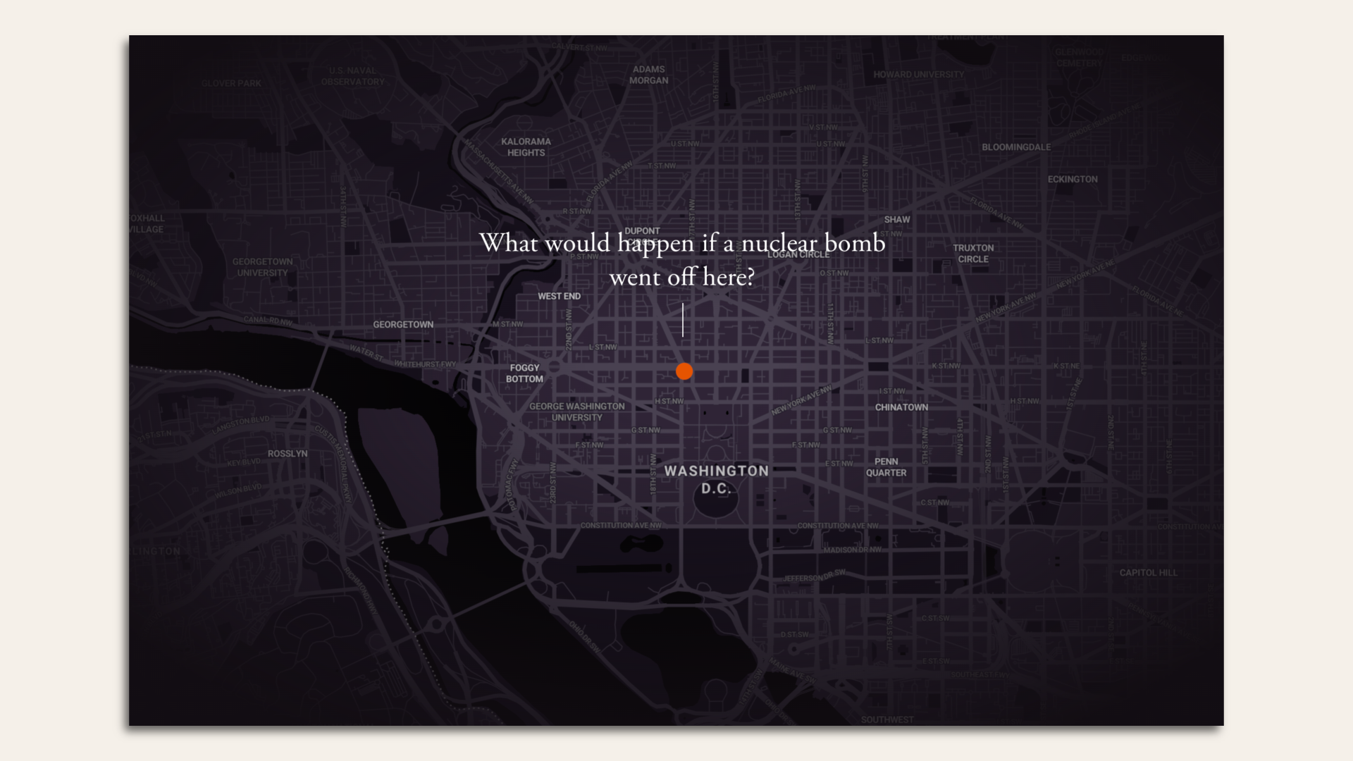 A screenshot of a nuclear-bomb simulator, hovering over Washington, D.C.
