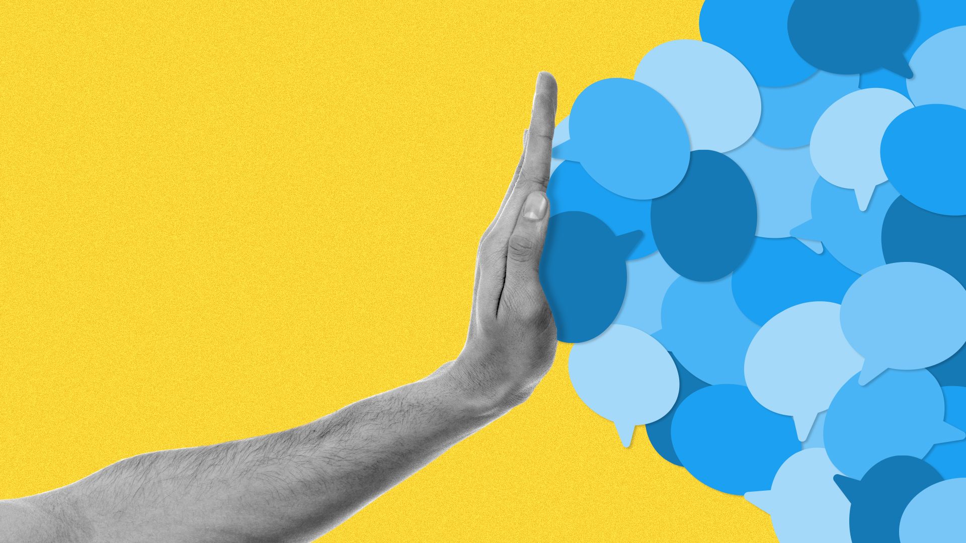 Illustration of a hand holding back a torrent of speech bubbles.