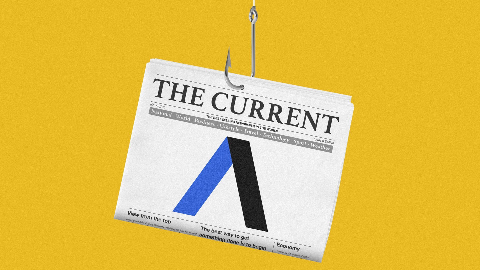 Illustration of a newspaper titled "The Current" on a fishing hook.
