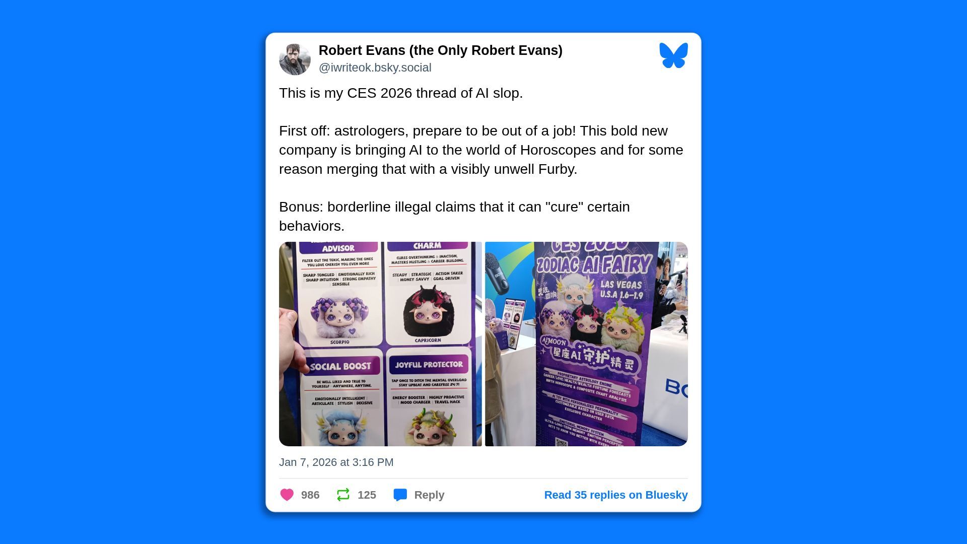 Social media post about CES 2026 featuring AI horoscope company with Furby-like zodiac AI fairies claiming to cure behaviors. Includes colorful images of cute AI characters and promotional banners.