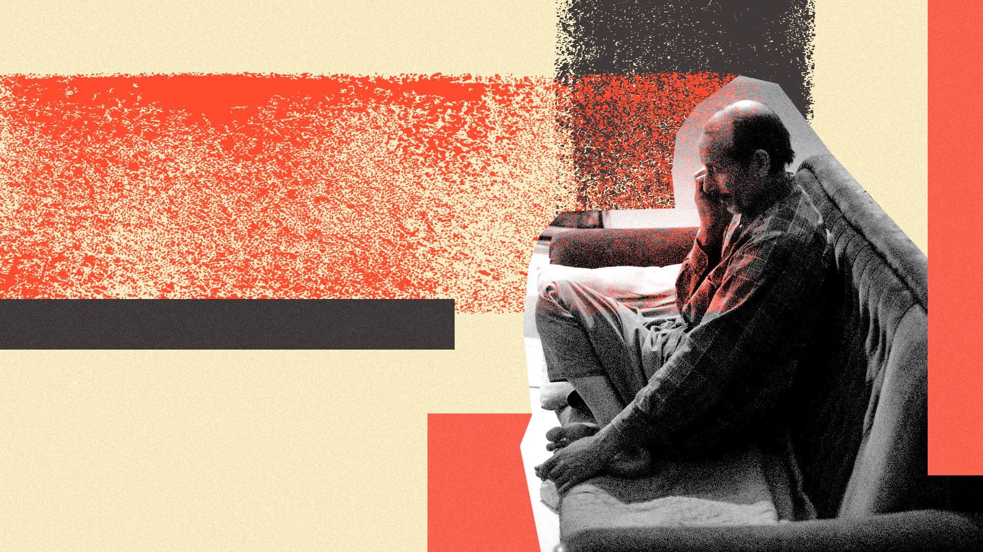 Photo illustration of a lone man on a couch surrounded by abstract shapes. 