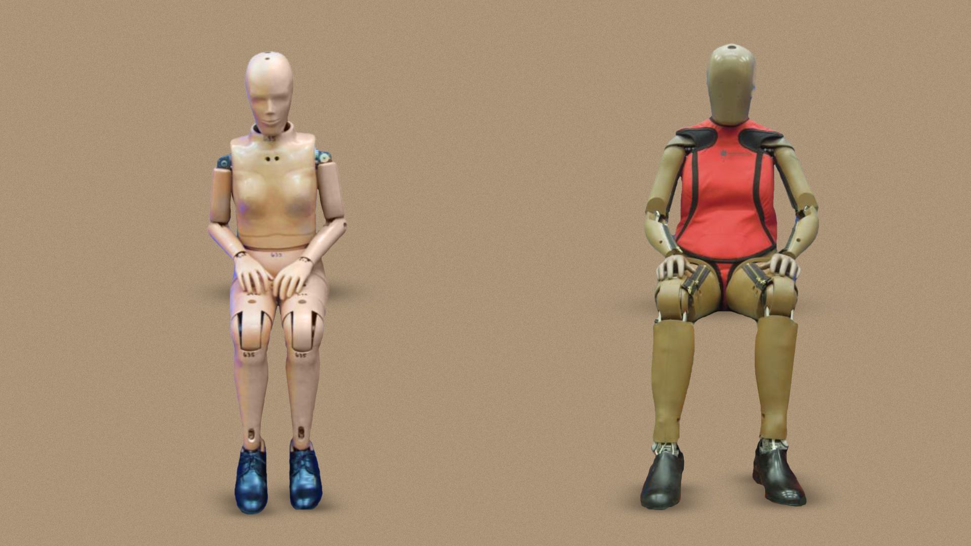 The new Thor-05F female crash test dummy (right) is more representative of women's bodies than the current female dummy. It has more sensors that carmakers can use to assess risk for female passengers. 