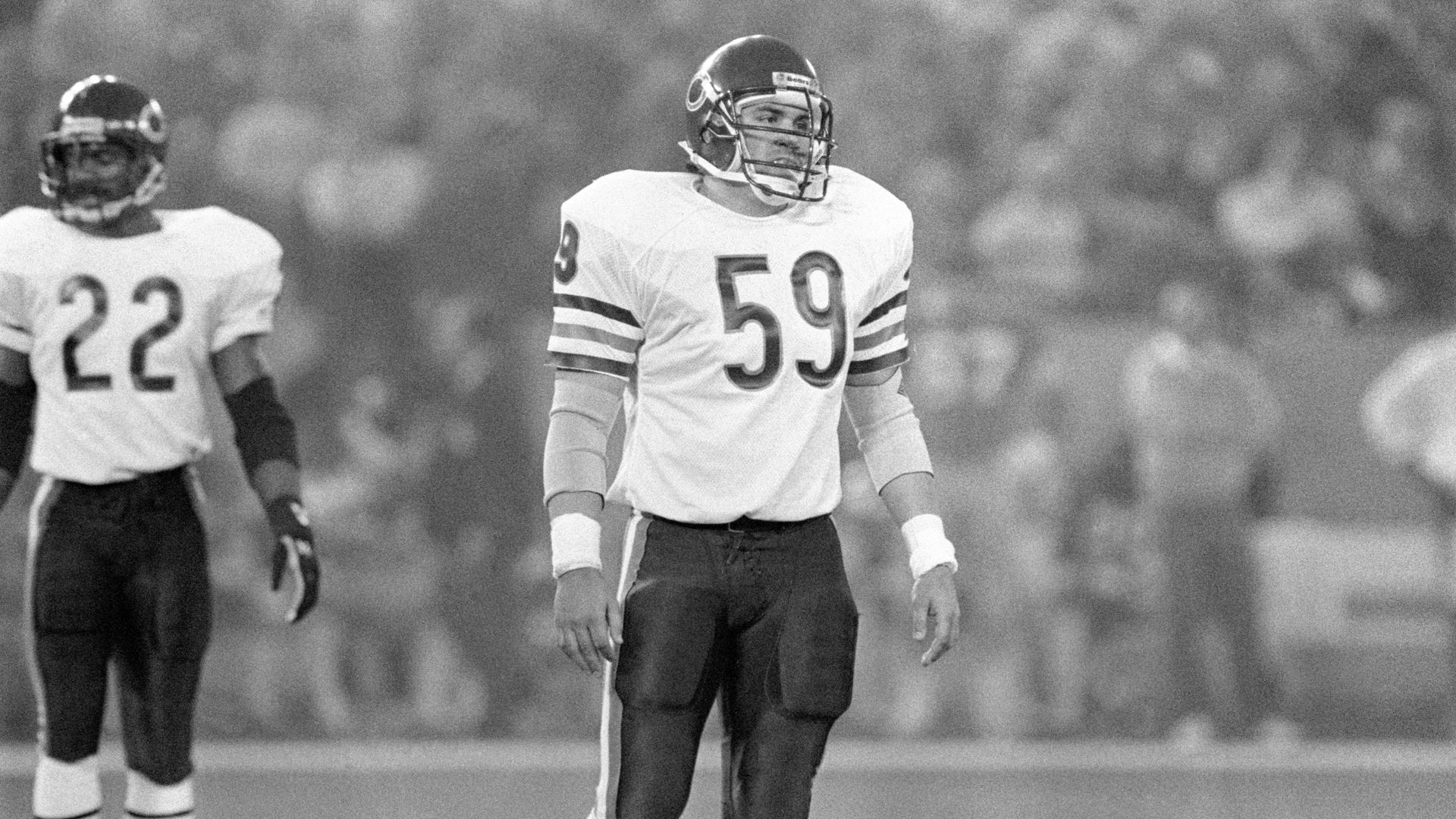 Photo of a football player in uniform on a field during a game. 