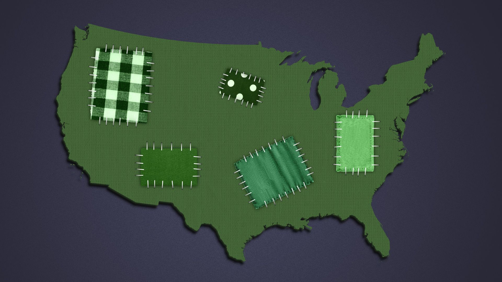 Illustration of the United States with fabric patches covering random areas.