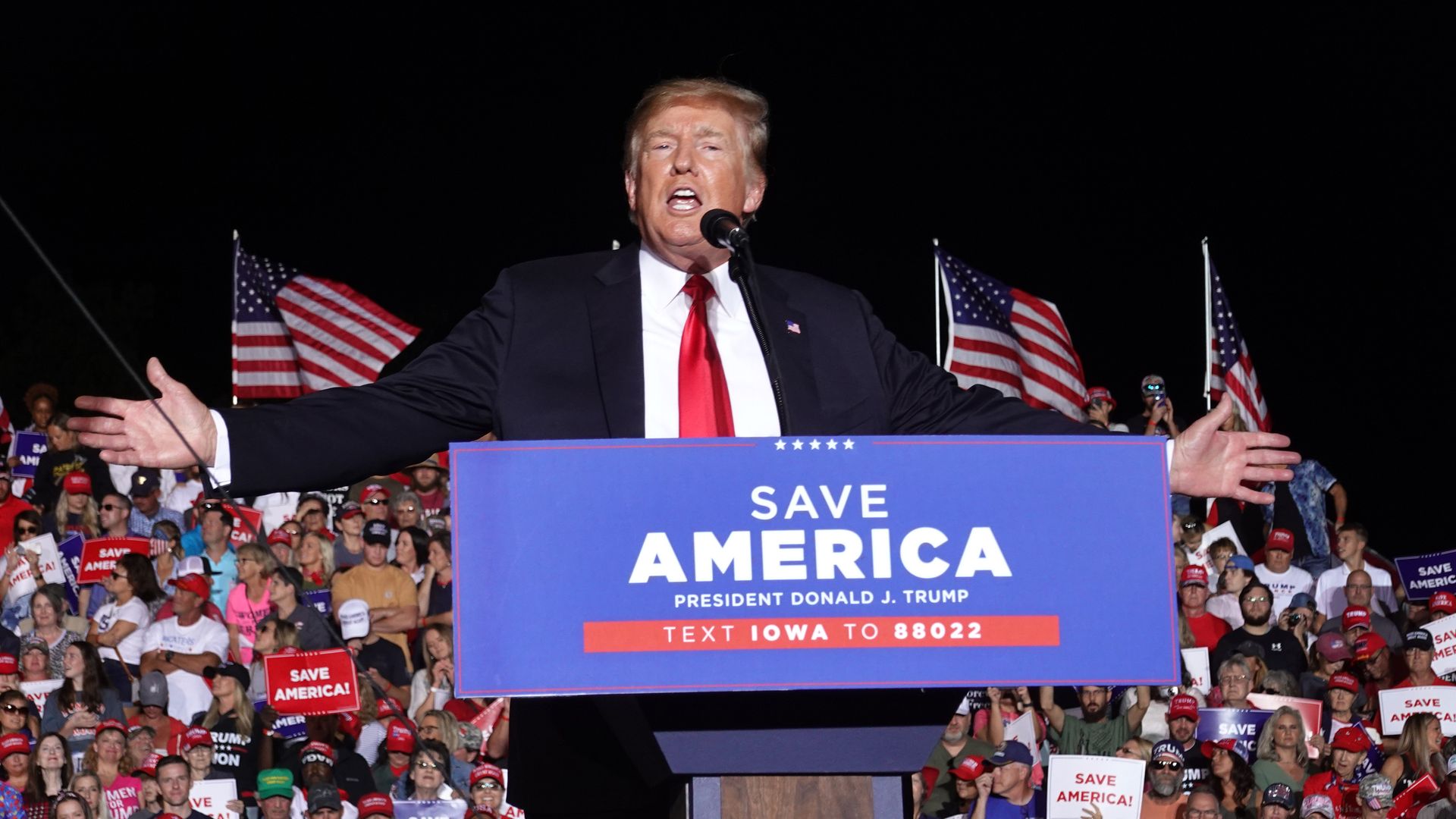  Former President Donald Trump speaks to supporters during a rally at the Iowa State Fairgrounds on October 09, 2021 in Des Moines, Iowa. 