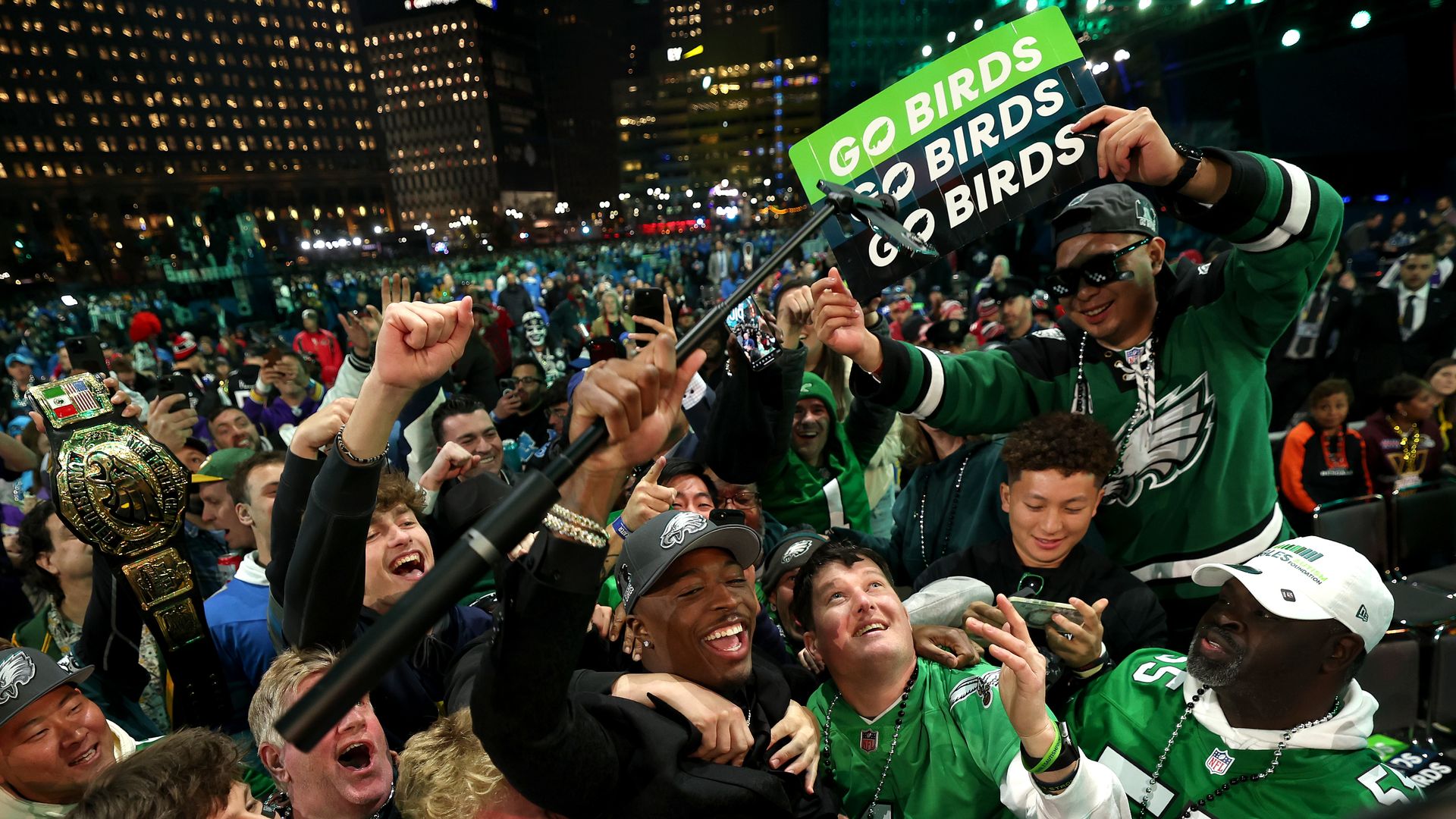 Quinyon Mitchell celebrates with Eagles fans after being selected in the 2024 NFL Draft.