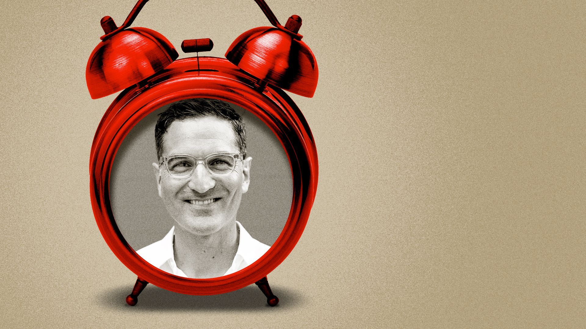 Photo illustration of Guy Raz inside a red alarm clock.