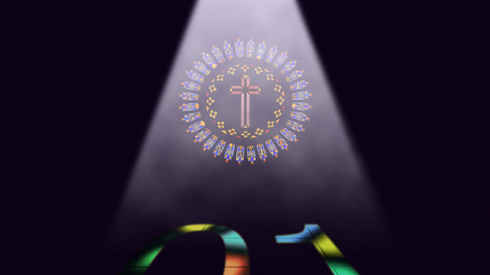 Illustration of a cross stained glass window shining down on a 0 and 1.