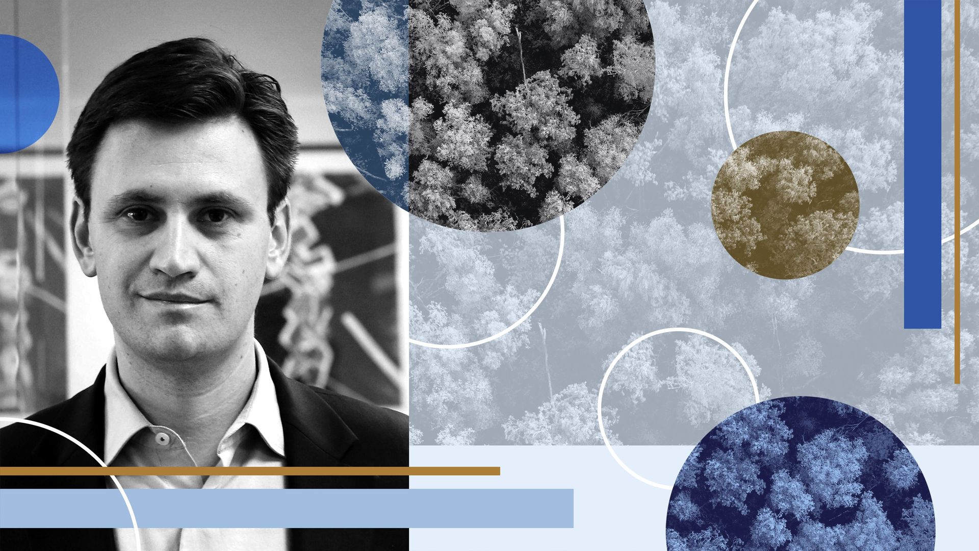 Photo illustration of Andrei Cherny, founder/CEO of Aspiration, with trees and abstract shapes.