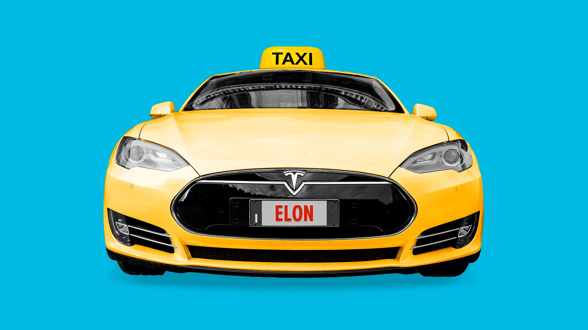 Illustration of a yellow Tesla car with a Taxi sign on top.