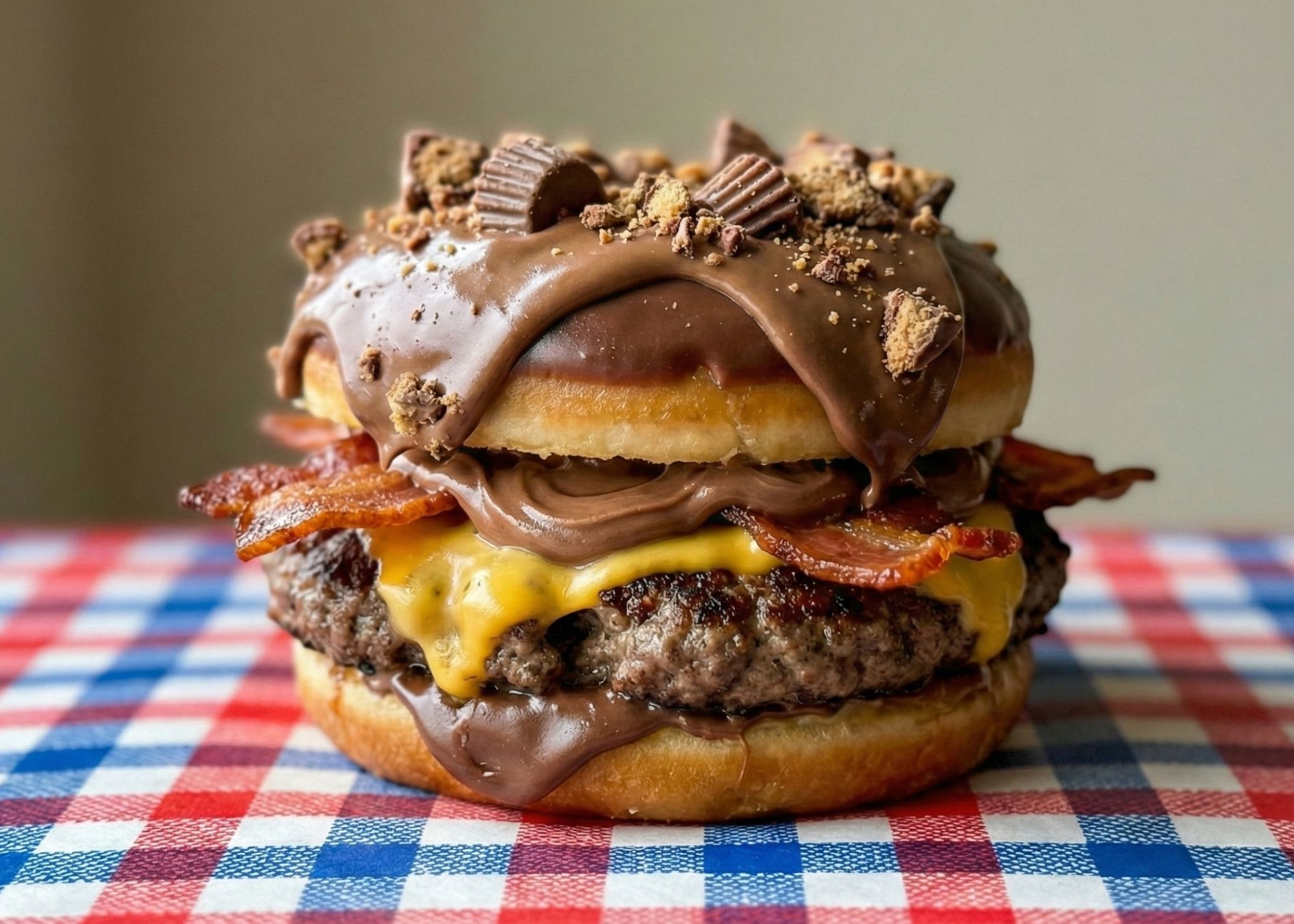 Burger with beef patty, melted cheddar, bacon, and donuts as buns, topped with chocolate sauce and peanut butter cup pieces on a red, white, and blue checked tablecloth.