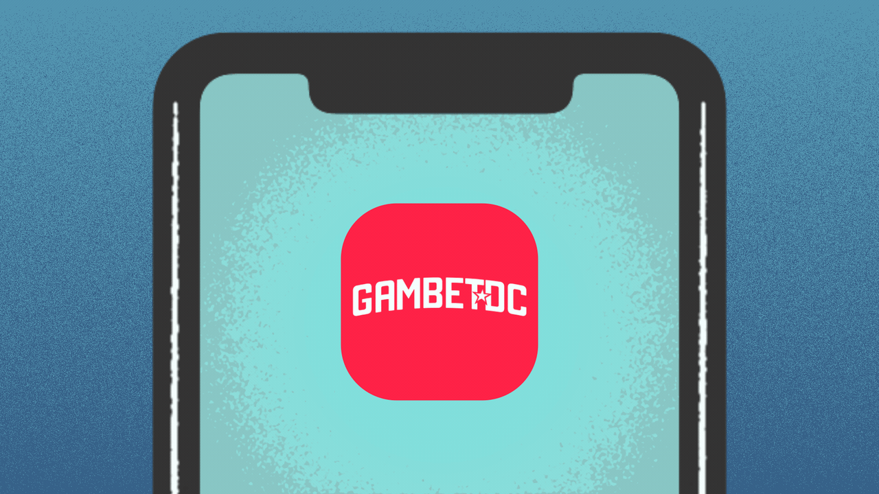 Animated illustration of a GambetDC app on a phone starting to shake, and a delete button popping up in the top right corner.