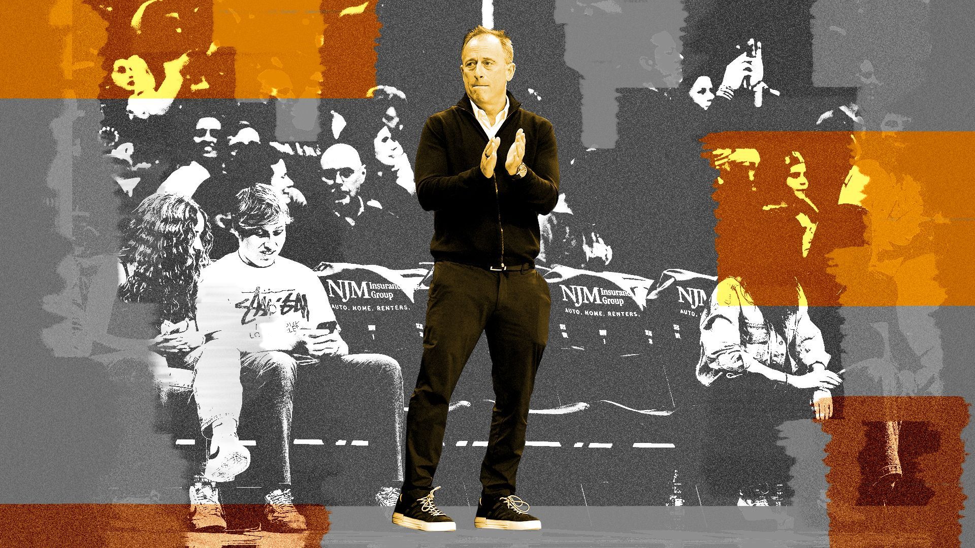 Photo illustration of Josh Harris standing up in the front row at a basketball game, with brushed-on areas of color surrounding him vaguely resembling a crown and obscuring the crowd