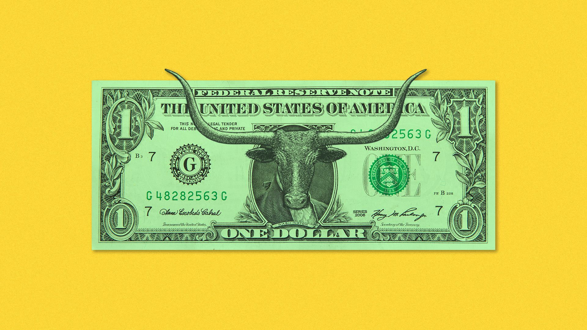 Illustration of a bull on the dollar bill in the place of a president