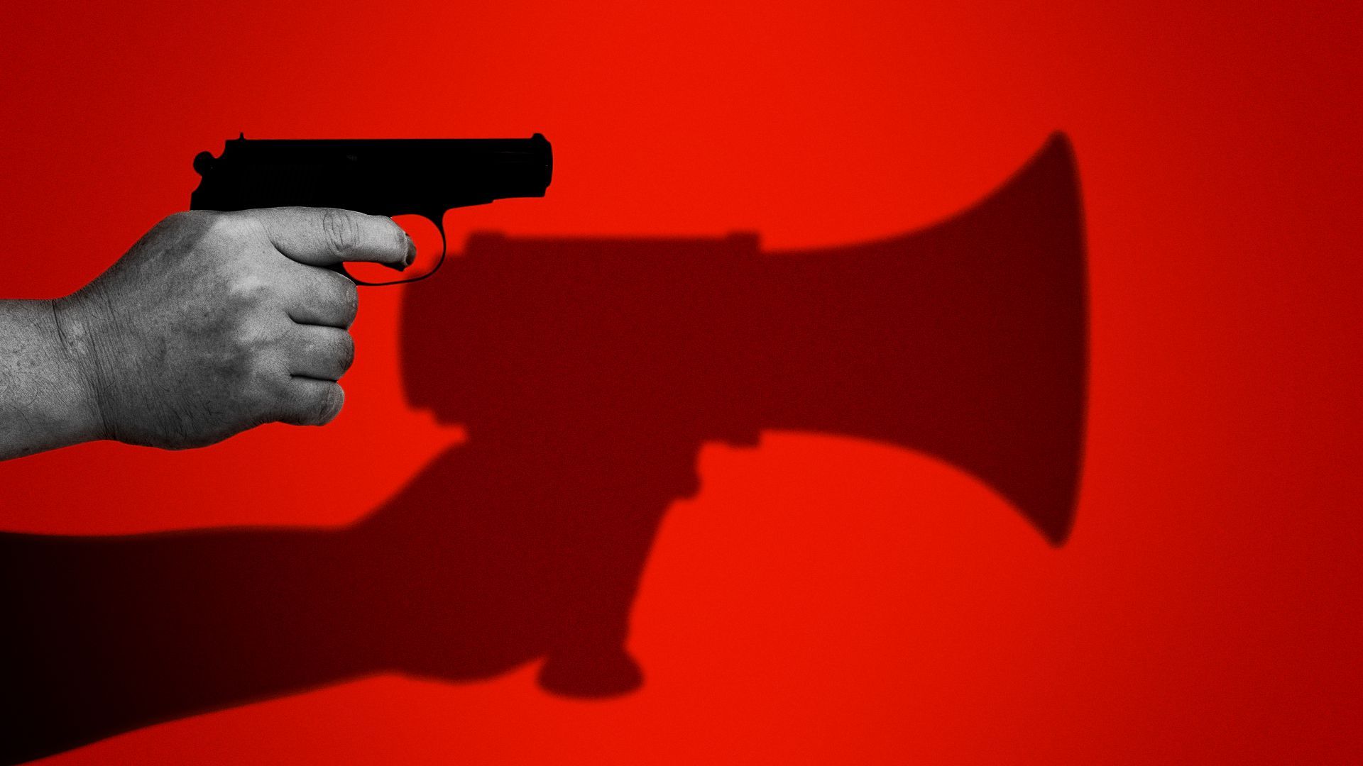 Illustration of a handgun casting the shadow of a bullhorn on a red background.