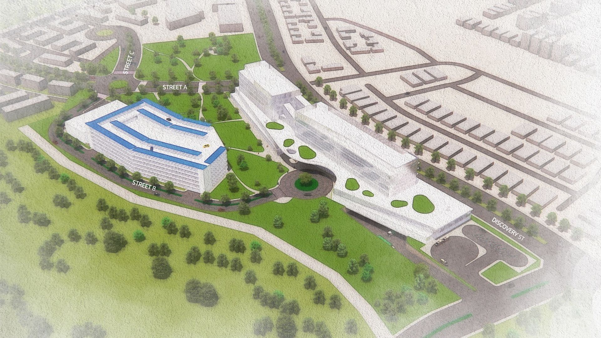 A rendering of a hospital campus with two medical buildings. 