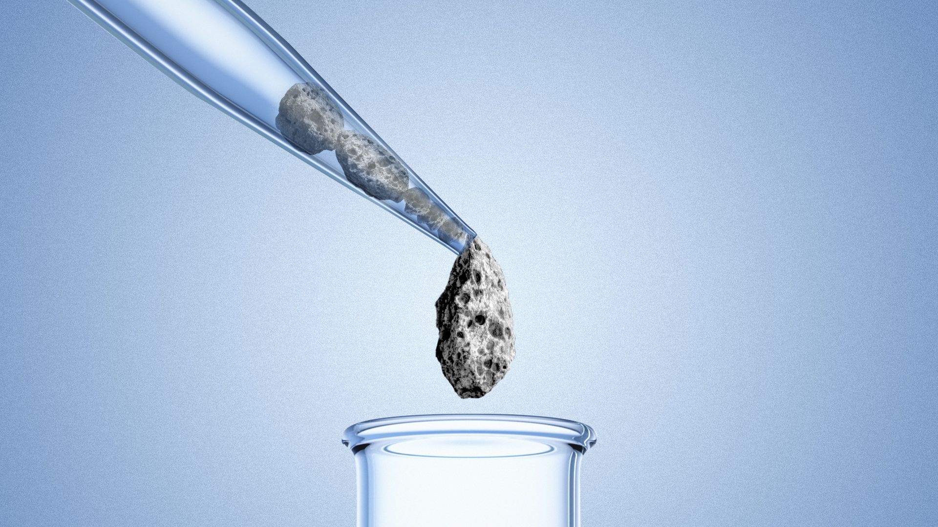Illustration of a pipette squeezing rocks into a test tube.   