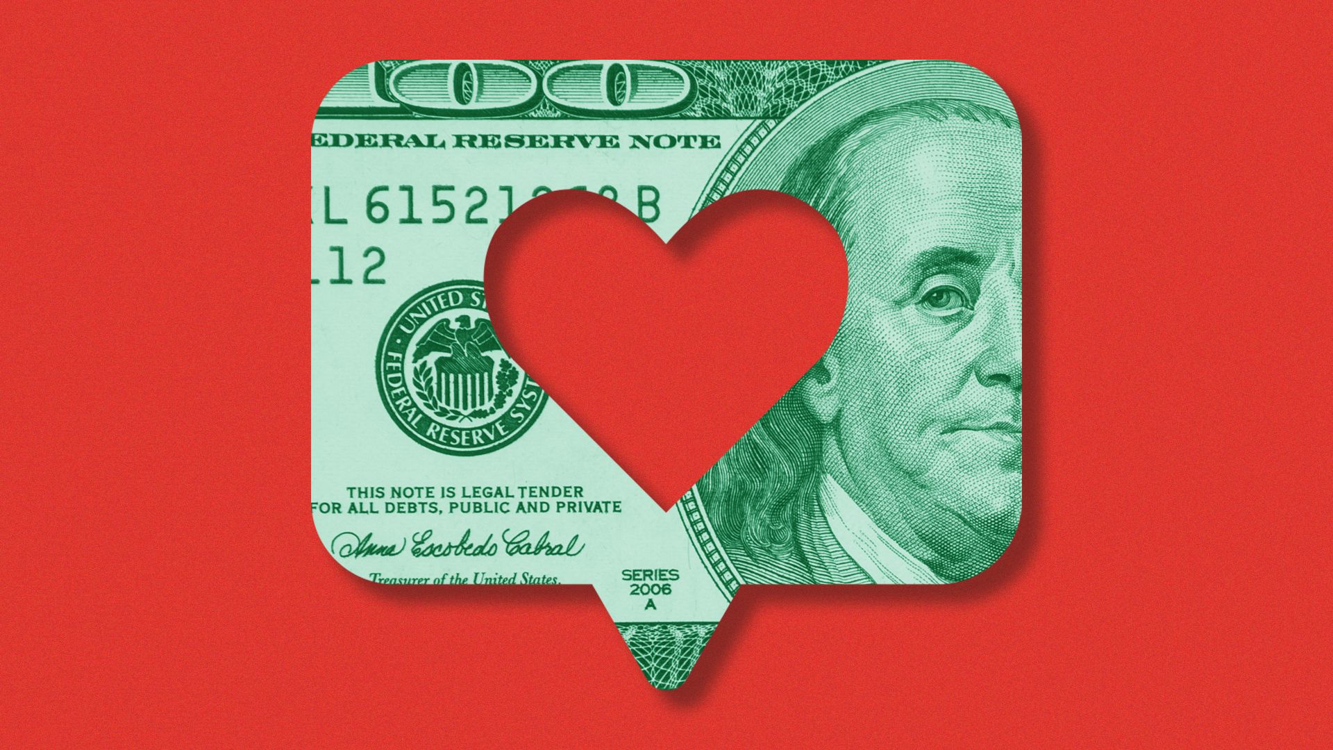 Illustration of a social media "like" icon made out of a $100 bill.