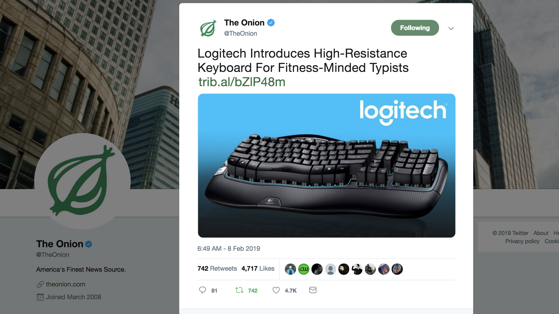 An Onion article about a Logitech keyboard that provides exercise for your fingers