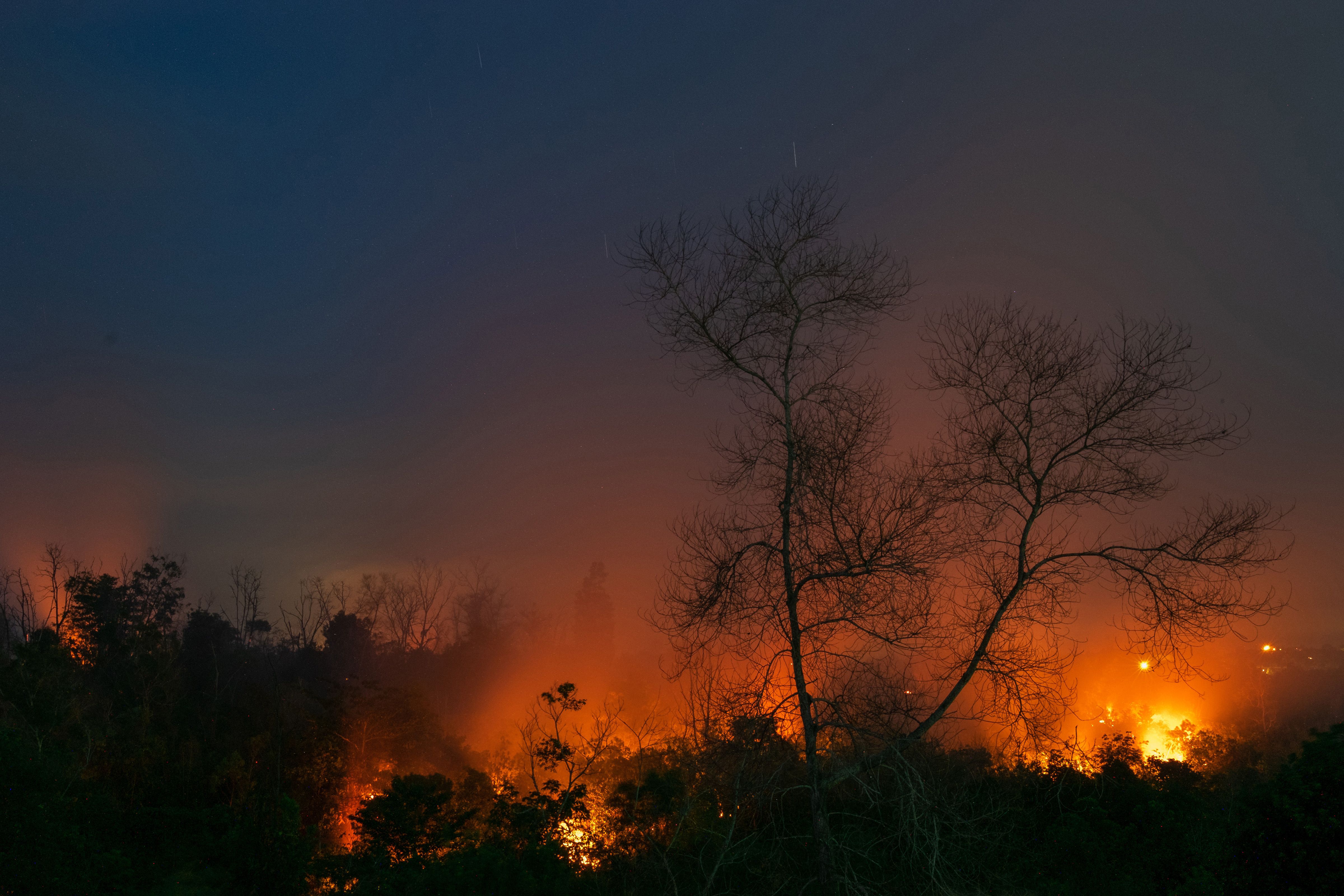 A long-exposure photograph shows a Forest fire at Rumbai Pesisir village in Riau Province, Indonesia 