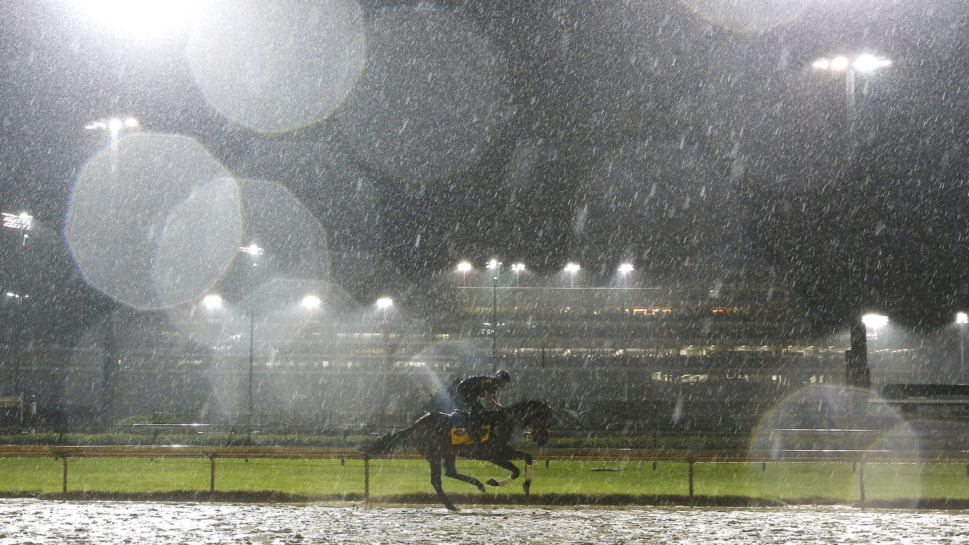 In this image, a racer rides a horse on an empty race track in the rain at night.
