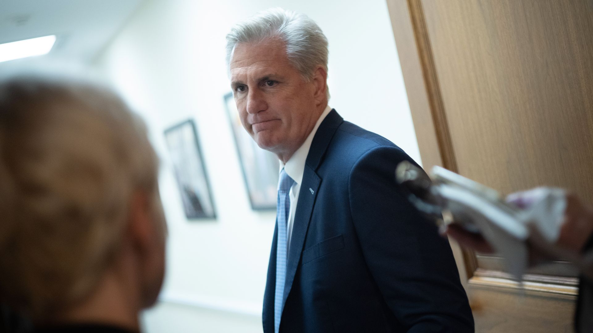 House Minority Leader Kevin McCarthy (R-Calif.) speaking with reporters in Washington, DC, in May 2021.