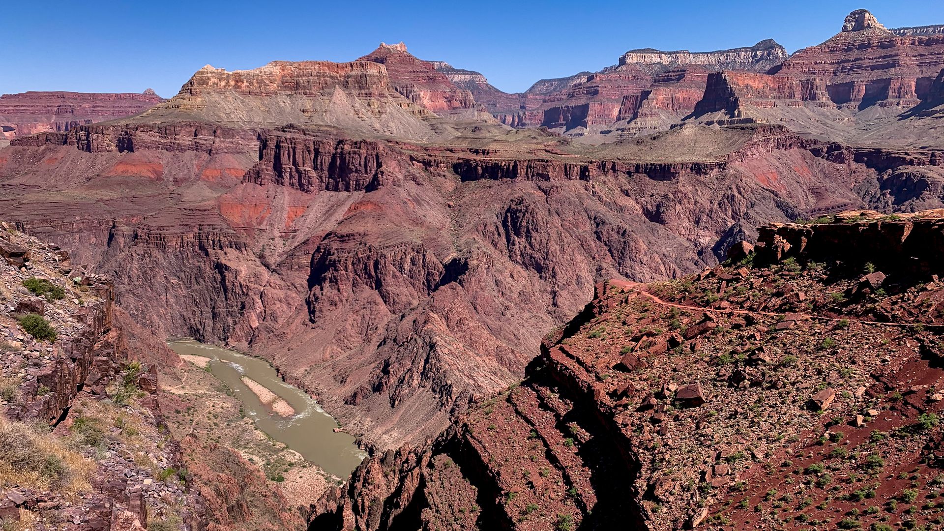 The Colorado River is seen from the South Kaibab Trail along the Grand Canyon South Rim in Arizona, United States on June 21, 2019.