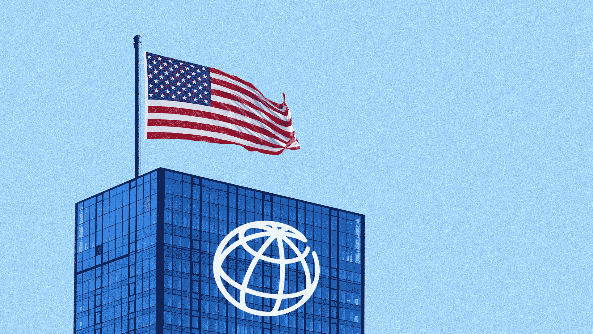 Animated GIF of American being lowered from top of World Bank building