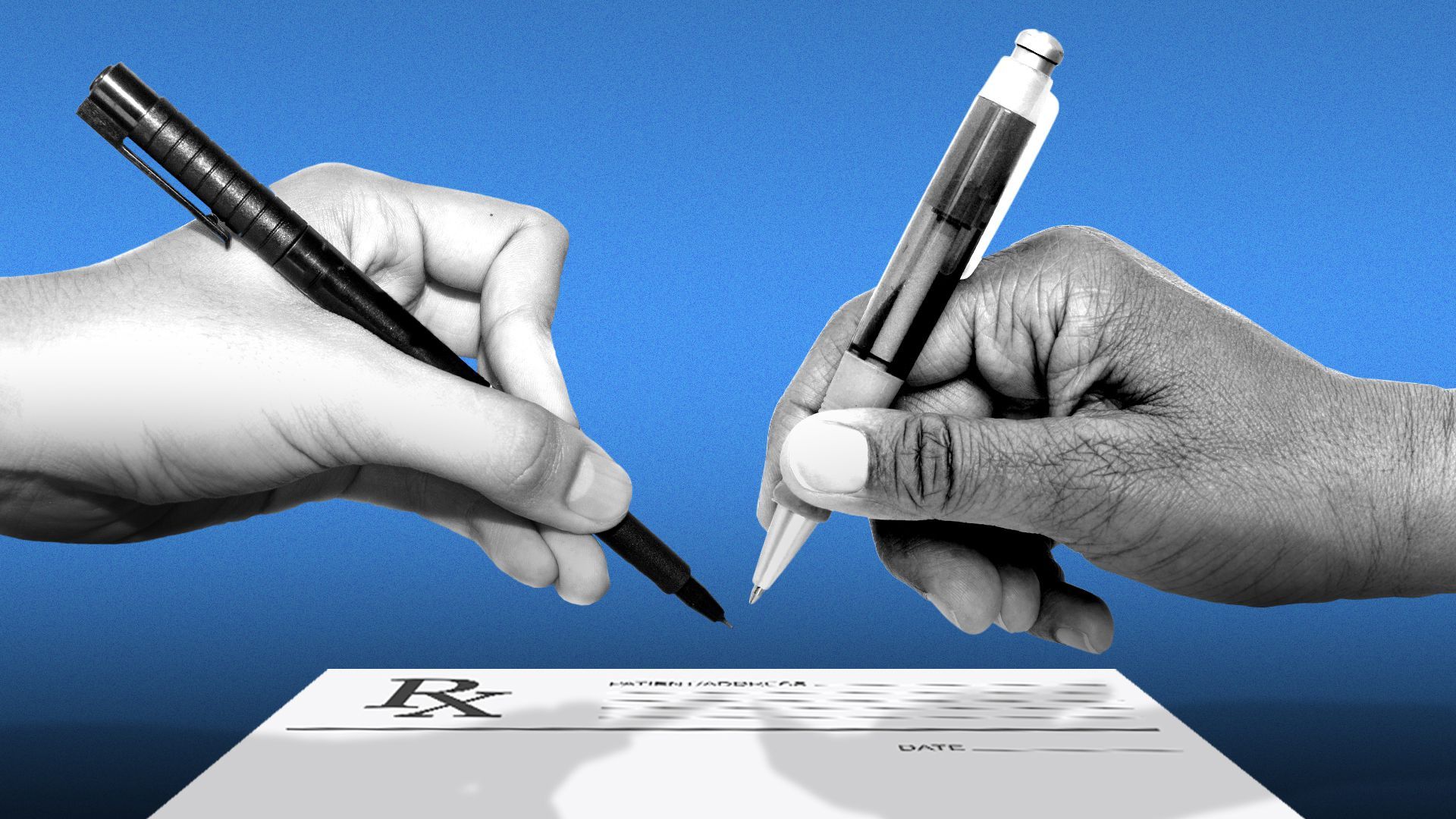 Illustration of two hands facing each other, with pens poised over a prescription pad