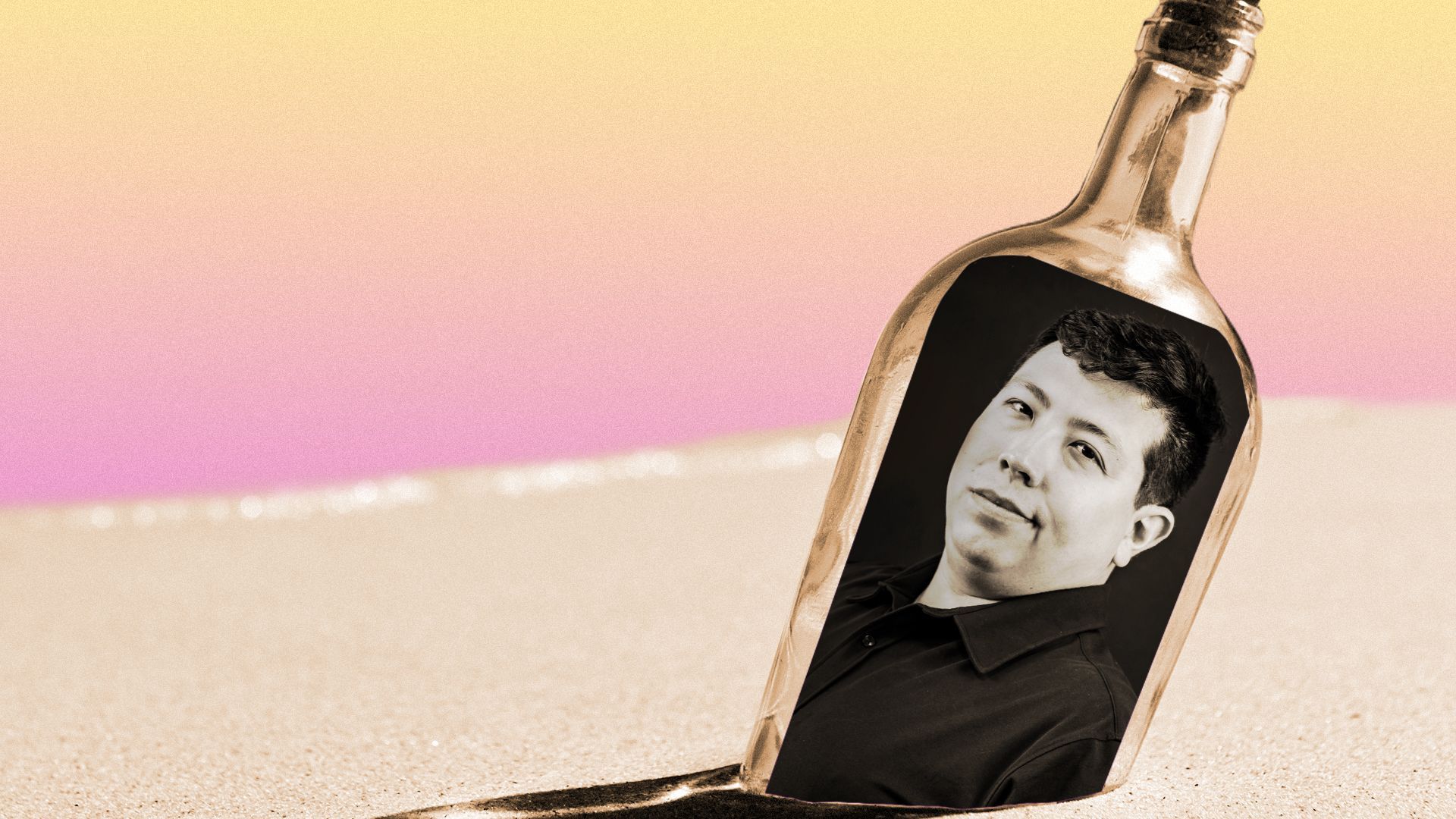 Photo illustration of Jeremiah Macias on a bottle in the sand.