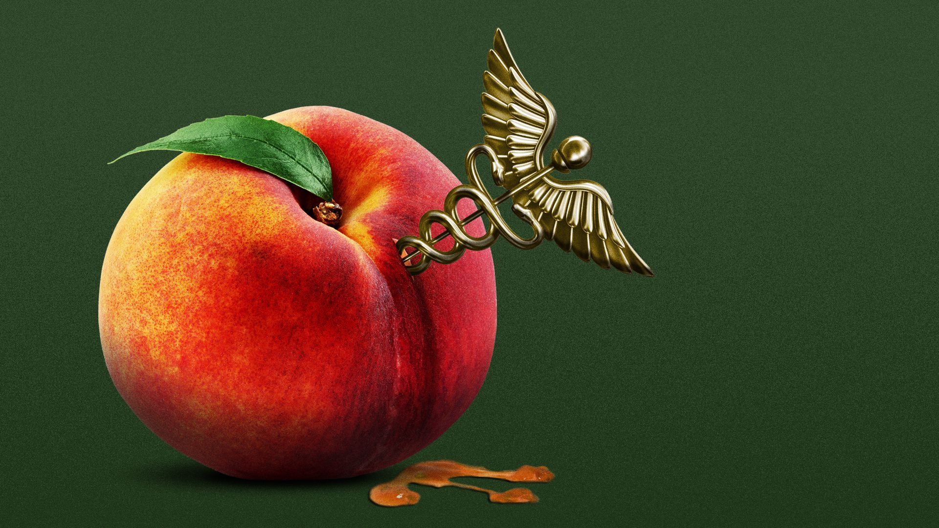 Illustration of a peach with a caduceus sticking out of the side. 