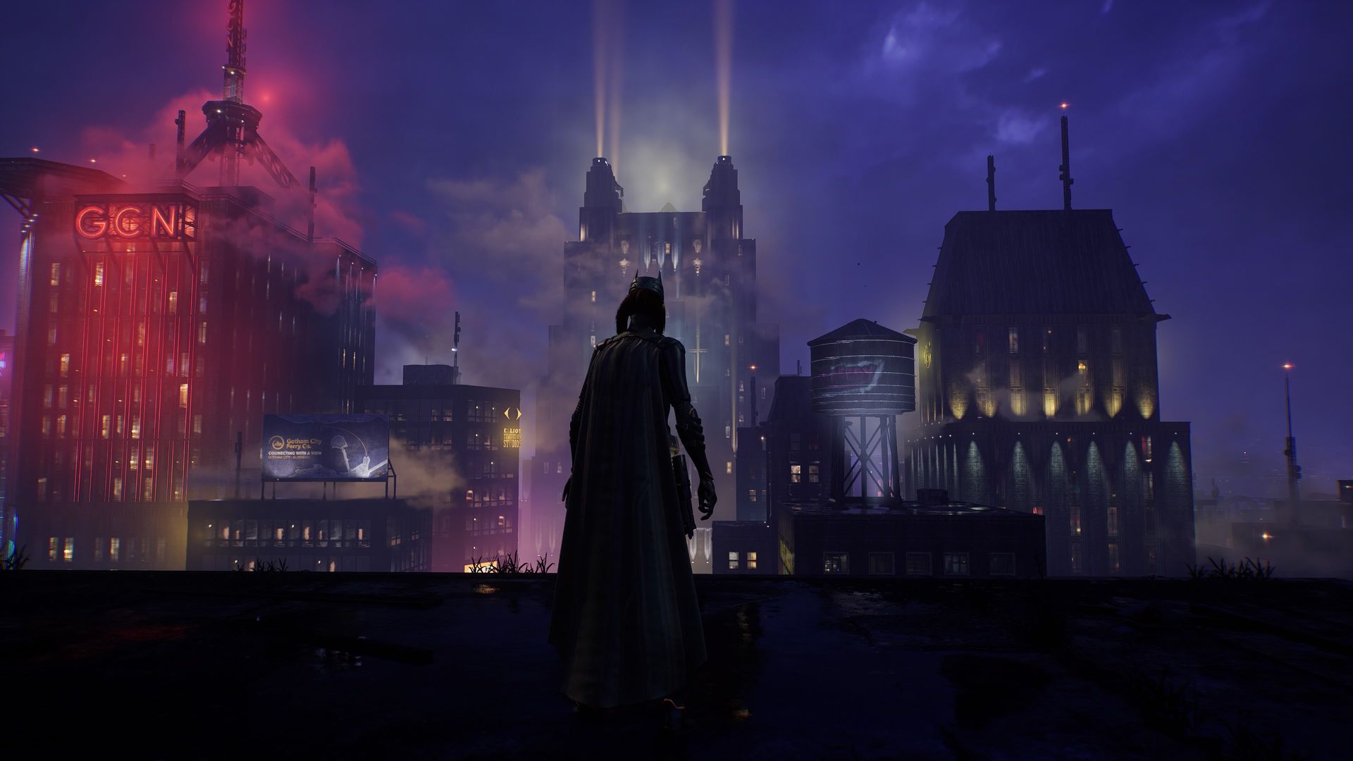 Video game screenshot of the super-hero Batgirl standing on a rooftop at night, with skyscrapers and their glowing lights filling the horizon