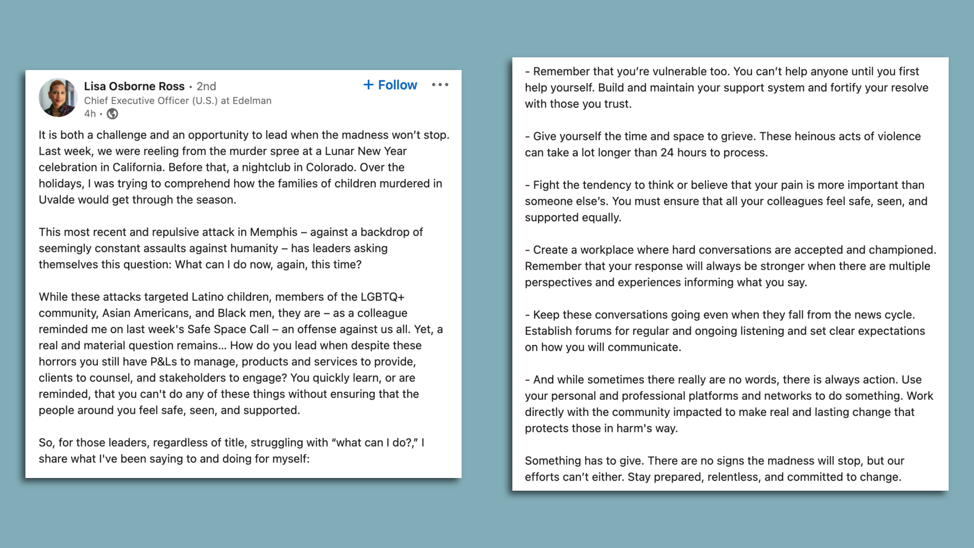 Screenshot of LinkedIn post by Edelman CEO Lisa Osborne Ross