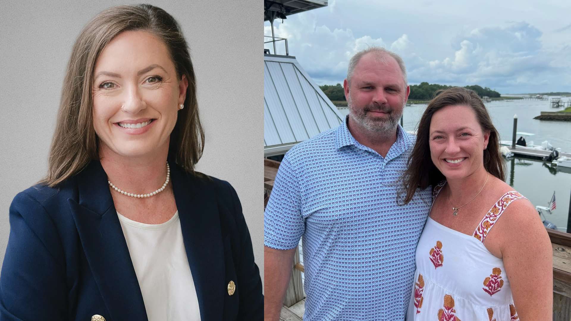Side-by-side images: left, a woman with brown hair in a navy blazer, white top, pearl necklace; right, the same woman with a bearded man in a blue patterned shirt by a dock with water and boats.