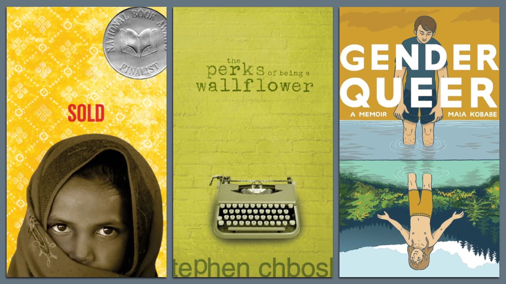 Triptych of book covers: left yellow with "SOLD" and a girl in a headscarf; middle lime wall with a typewriter and the perks of being a wallflower; right "GENDER QUEER" memoir illustration of a person standing in water.
