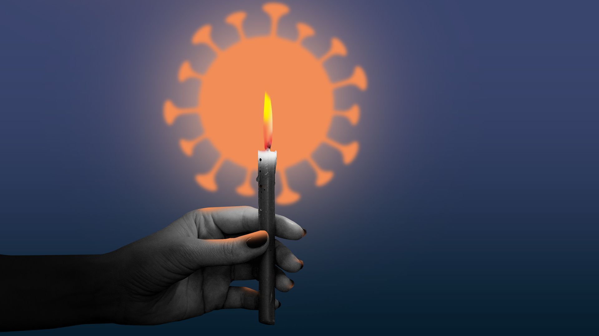 Illustration of a hand holding a candle with the candle glow shaped as a covid cell.  